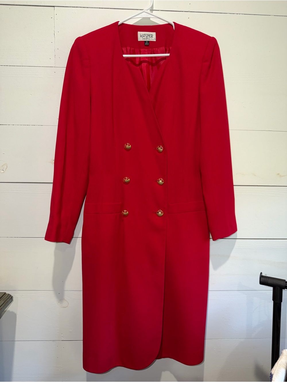 Vintage Kasper for ASL Red Long Blazer Dress Gold Button Jacket Size 4